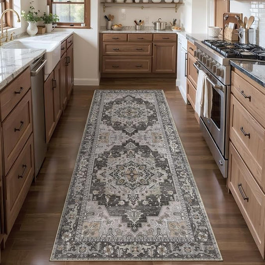 Tangsoo 2x6 Washable Runner Rug for Hallways, Vintage Non Slip Rug Runners | Farmhouse Soft Low Pile Rug,Boho Print Carpet Oriental Hallway Runner for Kitchen Bedroom Entryway Bathroom Grey Taupe Decor