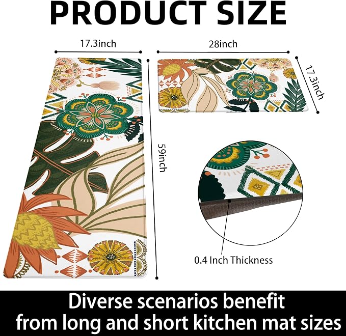 Tyrot Boho Floral Kitchen Rugs Sets of 2 Anti Fatigue Cushioned Long Kitchen Mats for Floor Farmhouse Kitchen Rugs Non Slip Waterproof Mid Century Botanical Comfort Standing Mat for Sink Laundry