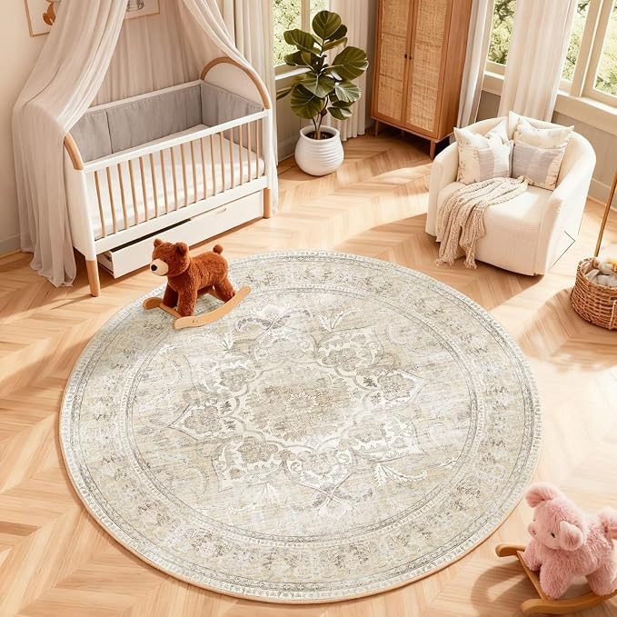 4ft Washable Round Rugs for Bedroom: Circle Living Room Rug Boho Vintage Non Slip Low Pile Soft Faux Wool Non Shedding Small Circular Rug for Kitchen Entryway Bathroom Bedside Office Dorm Kids Room