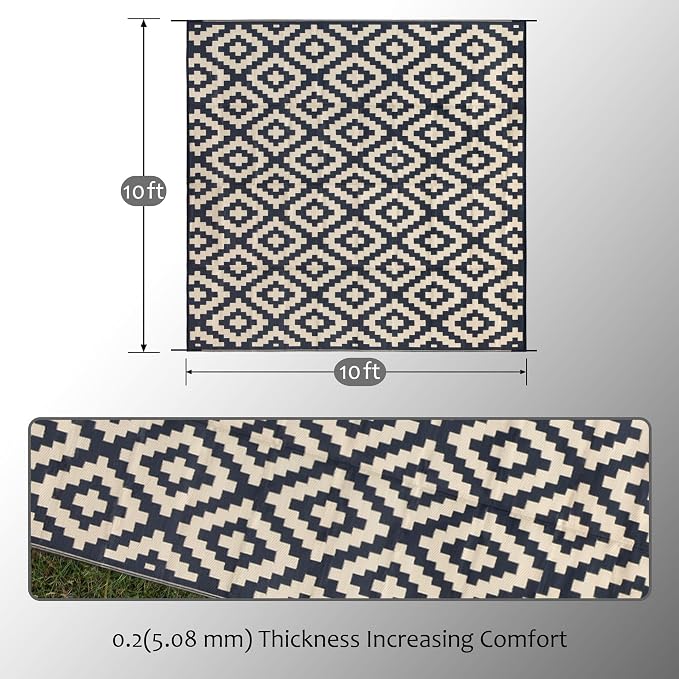 SAND MINE Reversible Mats, Plastic Straw Rug, Modern Area Rug, Large Floor Mat and Rug for Outdoors, RV, Patio, Backyard, Deck, Picnic, Beach, Trailer, Camping (10' x 10', Black & Beige Lattice)