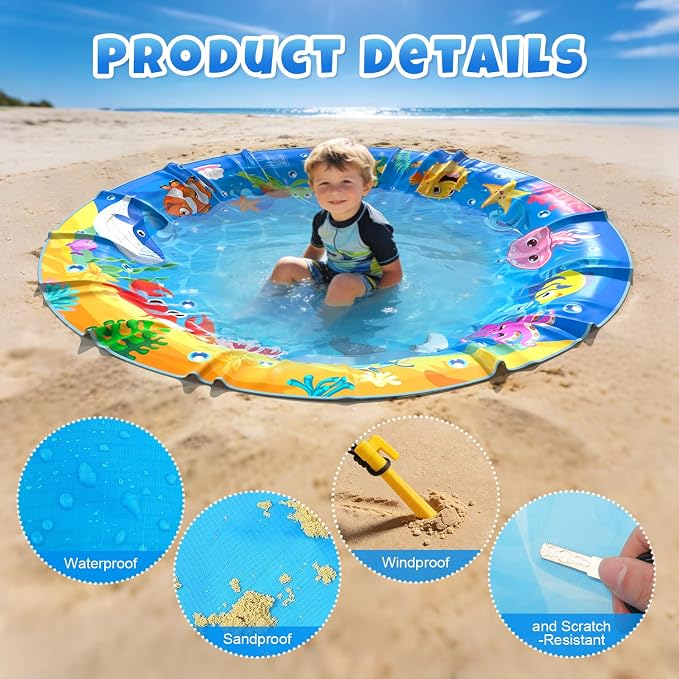 Baby Beach Pool, Waterproof Beach Pool Blanket for Toddler, 2 in 1 Toddler Paddling Pool with Carrying Bag, Collapsible Beach Puddle Mat for Boys Girls Kids Infant Outdoor Beach Toys