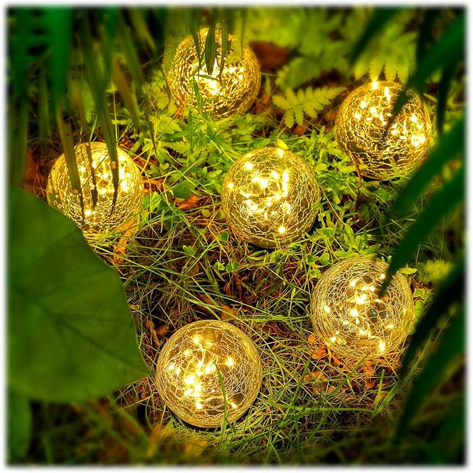 Honoson 3.9 Inch Solar Globe Lights Outdoor - Waterproof Cracked Glass Balls for Lawn Patio Yard Backyard Decorations, Warm Yellow Solar LED Lights with Easy Installation,Durable Design (8 Pcs)
