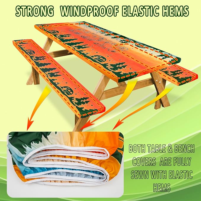 Picnic Table Cover with Bench Covers Camping Essentials Reusable Waterproof Windproof Camping Tablecloth Fitted Rectangle Tables and Seats, 72in, Blue Red Camping