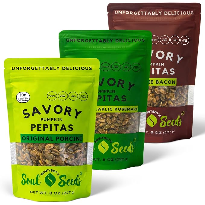 Soul Seeds Pumpkin Seeds Variety Pack – Organic Pepitas Snack Pack with Porcini, Garlic Rosemary & Veggie Bacon Flavors, Savory Vegan Seed Snacks, Crunchy Roasted Topping, 3 Pack 8 oz