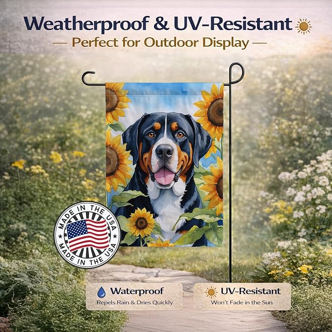Caroline's Treasures DAC6094GF Greater Swiss Mountain Dog in Sunflowers Garden Flag Mailbox Flag Decorative Yard Flag Banner Outside Patio Artwork Yard Flower Beds, Garden Size, Multicolor