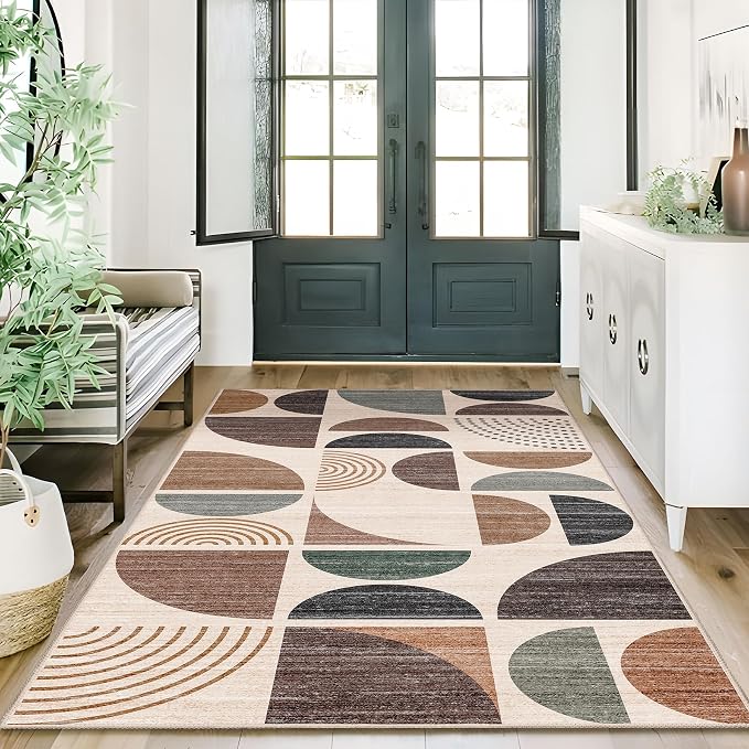 3x5 Rug Washable,Boho Area Rugs Small Non Slip Modern Abstract | Machine Washable Throw Carpet for Bedroom Entryway Living Room Bedside Soft Low Pile Floor Indoor Bohemian Brown