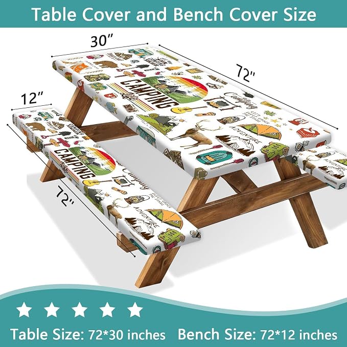 Picnic Table Cover with Bench Covers Camper RV Camping Essentials Waterproof Windproof Camping Tablecloth with Drawstring Bag, Fitted Rectangle Tables and Seats White，96" x 30" inch