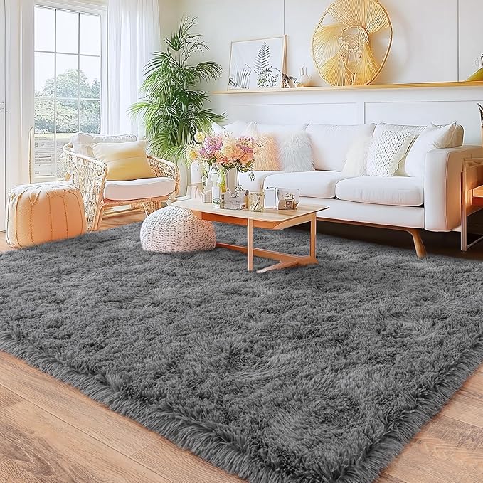 Large Area Rugs 9x12 Living Room, Ultra Fluffy Fuzzy Shag Grey Rug for Bedroom, Modern Plush Soft High Pile Upgrade Non-Slip Gray Carpet for Kids Girls and Boys, Dorms, Home Decor Aesthetic