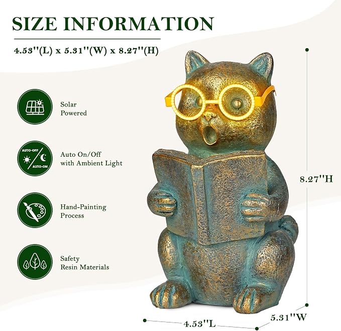 Bronze Resin Solar Reading Cat Decor with Light-Up Glasses, Outdoor Statue Garden Animal Ornament for Patio Yard Porch Home Gift for Women Cat Lovers