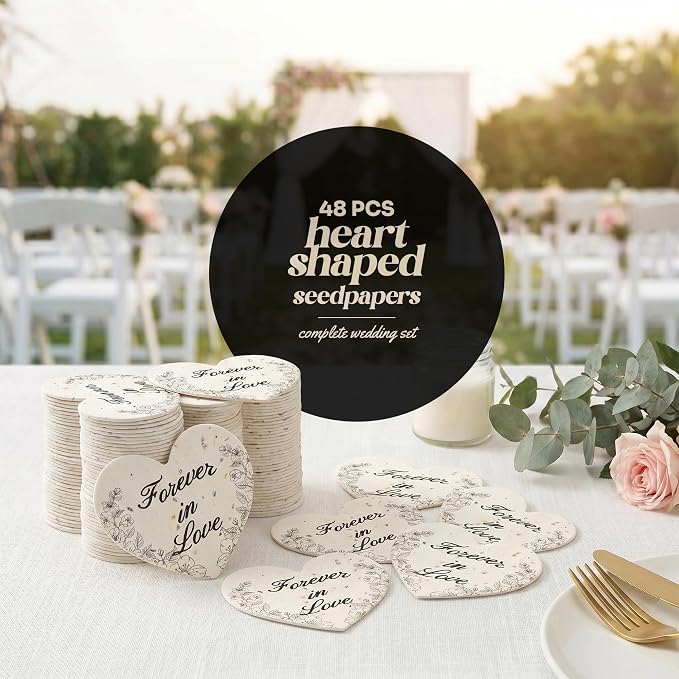 48pcs Large (2.5" h x 2.85" w) Black & White Forever in Love Heart Seed Paper – Writable & Plantable Wildflower, Mom's Gift for Birthday, Use for Wedding, Baby Shower, & Heart Party Favors