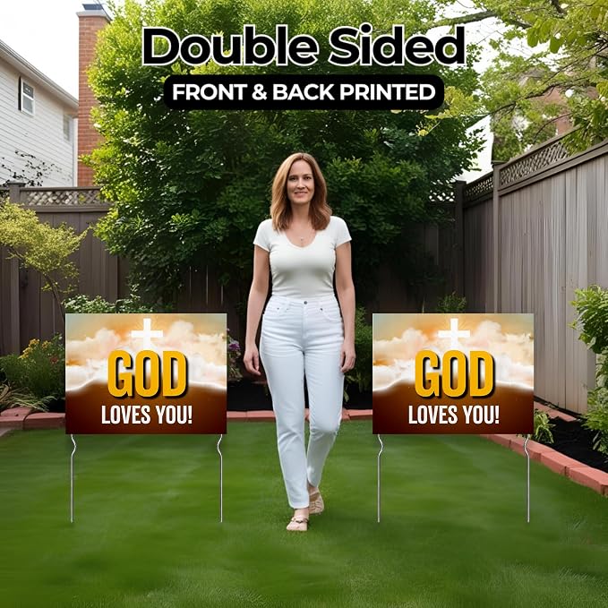 God Loves You! Yard Sign by DC | 24"x18" Double Sided Church Garden Sign with 13” Metal Stakes | Outdoor Signs Waterproof for Lawn, Patio, Sidewalk & House | Set of 2 | Made in USA