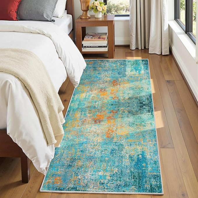 RELEANY Washable Runner 2'x6' Abstract Area Rug for Hallway Teal Multi | Carpet for Kitchen, Entryway, Bathroom, Living Room, Bedroom, Printed Pattern, Non‑Slip, Soft, Stain‑Resistant, Easy to Clean