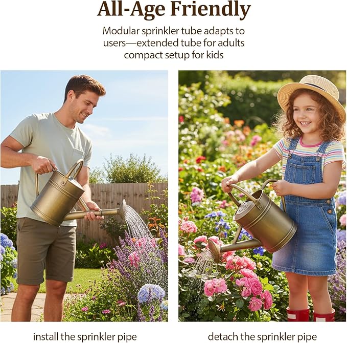 1 Gallon Galvanized Metal Watering Can, Retro Bronze Tone with Detachable Spout, Vintage Rustic Decorative Water Pot for Home Garden Indoor Outdoor Plants