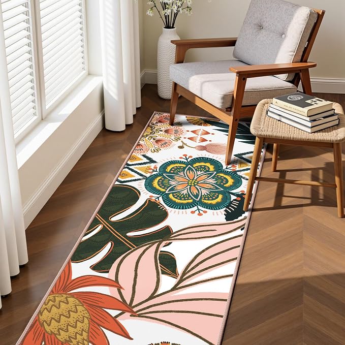 Tyrot Boho Floral 2x6 Washable Kitchen & Hallway Runner Rug Ultra-Thin Flat Woven Low Pile Botanical Runner Rug Non-Slip Indoor Runner for Entryway, Laundry, Bathroom and Bedroom, Blush Pink