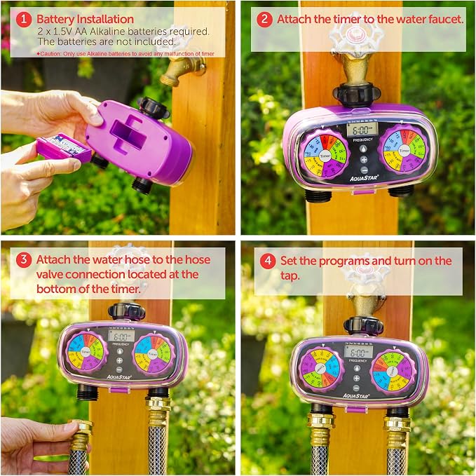 AQUASTAR Two-Zone Hose Watering Timer (Purple), Automatic Irrigation for Lawn, Garden, Yard, Two Outlets