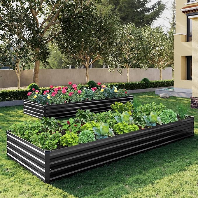 2PCS 10x3x1ft Galvanized Raised Garden Kit,Metal Planter Box,Black | Outdoor Elevated Metal Planter Box For Vegetables, Flowers & Herbs. Rustproof Galvanized Steel, Open Drainage, Easy Assembly