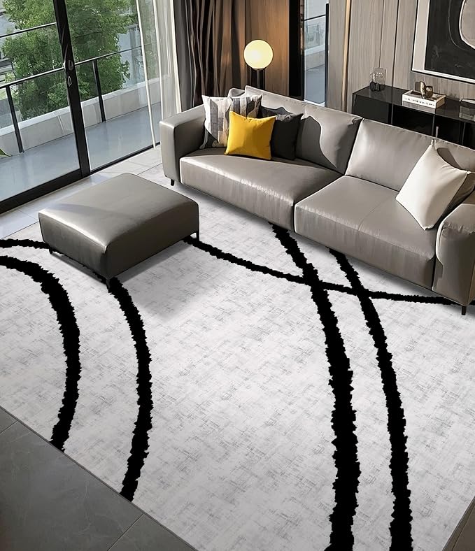 Modern Area Rugs 6x9, Washable Black and White Rug, Thin Abstract Geometric Minimalist Striped Rug, Black Rugs for Living Room,Bedroom,Kitchen,Dining Room,Office