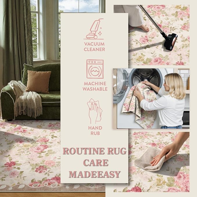 Lahome Vintage Floral 8x10 Area Rugs,Pink Large Living Room Rugs | Machine Washable, Low Pile Pink Rugs for Bedroom Girls Carpet for Nursery Rug Playroom Dining Room Nina(8'X10',Beige)