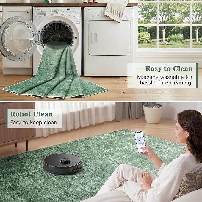 DCX Washable Abstract Area Rug 5x7, Non Slip Low Pile Rug, Green | Easy to clean, non-shedding, soft, kid & pet friendly, with a non-slip rubber backing for living rooms, bedrooms, and offices