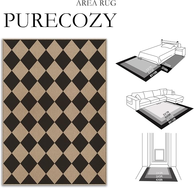 PureCozy 4x6 Checkered Easy Jute Area Rug for Living Room Checkerboard Washable Indoor Outdoor Carpet Farmhouse Patio Office Mat Geometric Non Slip Black Carpet for Dorm Backyard Dining Room
