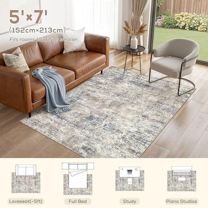 Nakagishi 5X7 Abstract Washable Area Rugs for Living Room-Blue Brown | Modern Non-Slip Silicone Backing Low Pile Soft Carpet for Bedroom Dining Decor Ideal for Families with Kids and Pets