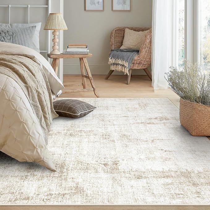 6x9 Area Rugs Washable Rug: Abstract Neutral Rugs Modern Non Slip Area Rug Stain Resistant Low Pile Indoor Carpet for Dining Room Bedroom Nursery Office (Beige, 6'x9')