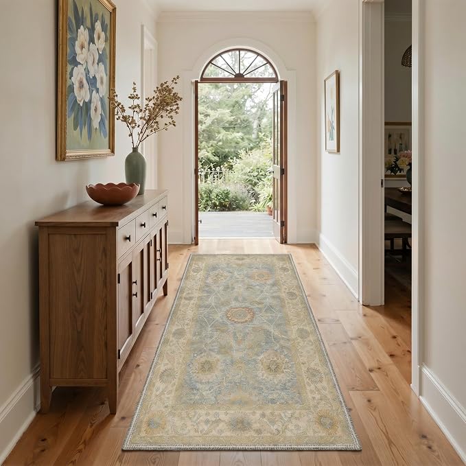 5X7 Area Rug for Living Room, Washable Boho Vintage Floral Non Slip | Easy Care Faux Wool Rug for Bedroom Dining Room, Dusty Blue Vintage Floral Rug, Non-Shedding, Vacuum Friendly, Thin Indoor