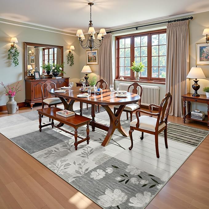 DweIke Floral Rugs for Living Room, 6x9 Washable Area Rug for Dining Room Farmhouse Office Bedroom Decor, Geometric Patchwork Stain Resistant Low Pile Indoor Floor Throw Rugs, Light Grey