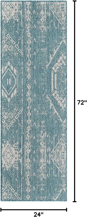 Unique Loom Outdoor Bohemian Collection Area Rug - Anthro (2' x 6' Runner Light Aqua/Ivory)