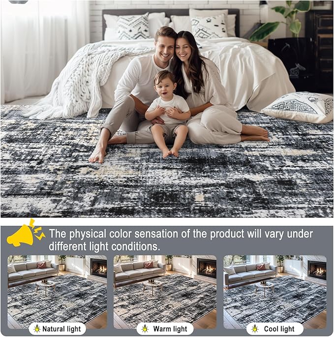PLHXFR 10x14 Area Rug Living Room: Abstract Washable Carpet Black Gold | For Bedroom Dining Room Farmhouse Nursery Home,Machine washable,Non Slip,Large Soft Neutral,Stain Resistant, Indoor Floor