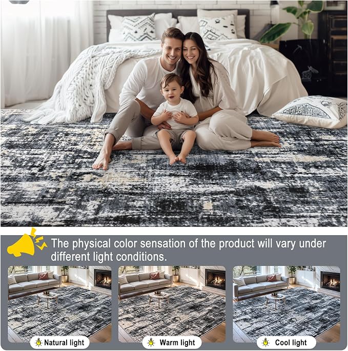 PLHXFR Area Rug Living Room: 5x7 Abstract Washable Carpet Black Gold | For Bedroom Dining Room Farmhouse Nursery Home,Machine washable,Non Slip,Large Soft Neutral,Stain Resistant, Indoor Floor