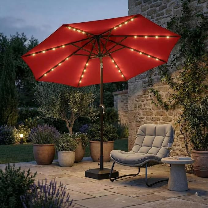 Kingdura 9FT Outdoor Patio Umbrella with Solar Lights, Market Table Umbrella with Push Button Tilt & Crank, 8 Sturdy Ribs, 32 LED Lights, UV Protection for Garden Lawn Deck Backyard Pool (Red)