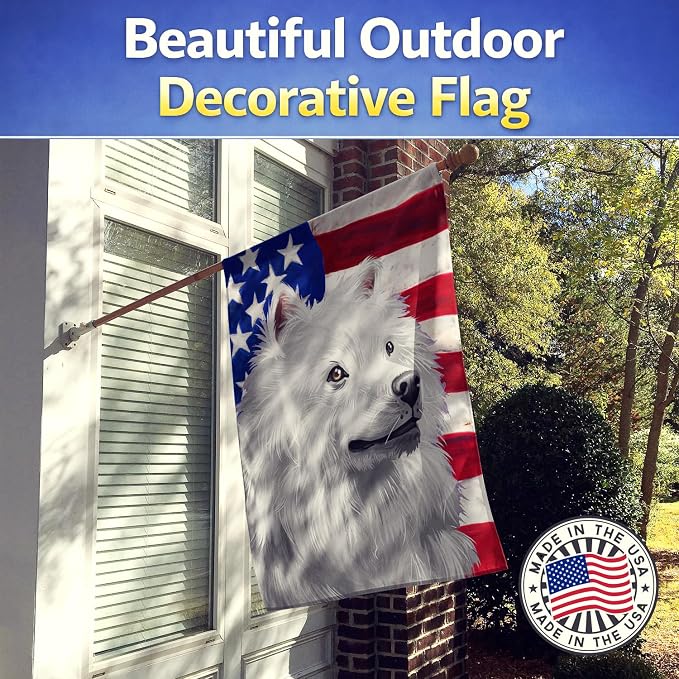 Caroline's Treasures CK6398CHF American Eskimo Dog American Flag House Flag Large Porch Sleeve Pole Decorative Outside Yard Banner Artwork Wall Hanging, Polyester, House Size, Multicolor
