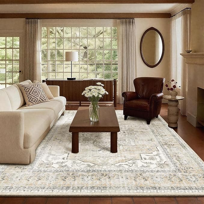 6x9 Area Rugs for Living Room: Washable Bedroom Rug Non Slip Low Pile Soft Faux Wool Non Shedding Distressed Vintage Boho Large Carpet for Dining Room Under Table Nursery Entryway Office Farmhouse
