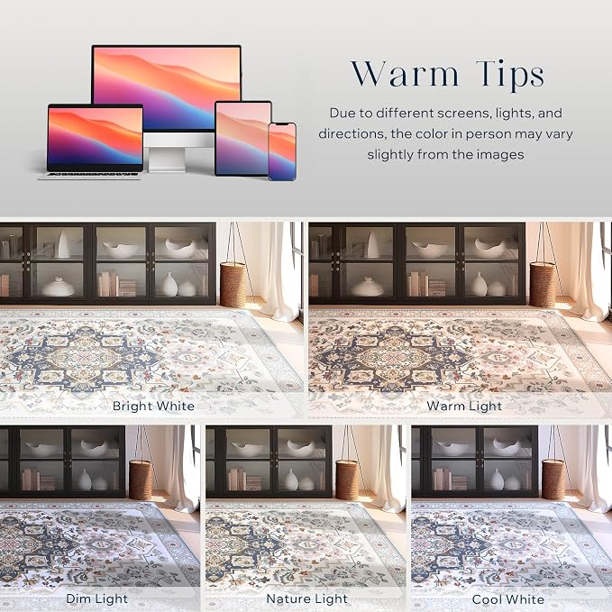Phantoscope Washable Area Rug 4'x6' Non-Slip, Vintage Boho Rugs for Living Room, Bedroom, Dining Room, Persian Floral Medallion Pattern, Low-Pile Foldable Floor Carpet, Ivory Blue/Garden Bloom