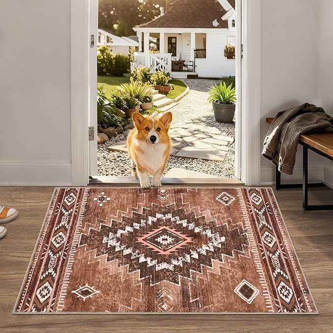 Yinhua Western 3x5 Entryway Rug, Moroccan Washable Rug Low-Pile | Aztec Non-Slip Area Rugs with Rubber Backing, Soft Brown Carpet Stain Resistant for Dining Room Living Room