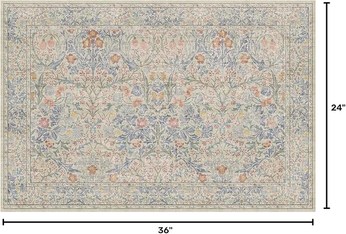 Washable Bathroom Rugs, Non-Slip Small Throw Rug for Entryway, Front Door Indoor, Mudroom, Kitchen, Powder Room, Stain Resistant Vintage Floral Décor (2x3 Beige Blue)