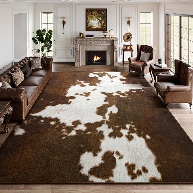 DweIke Cow Print Rugs for Living Room, 4x6 Soft Faux Animal Cowhide Area Rug, Washable Non-Slip Stain Resistant Throw Carpet for Dining Room Office Western Home Decor, Light Brown