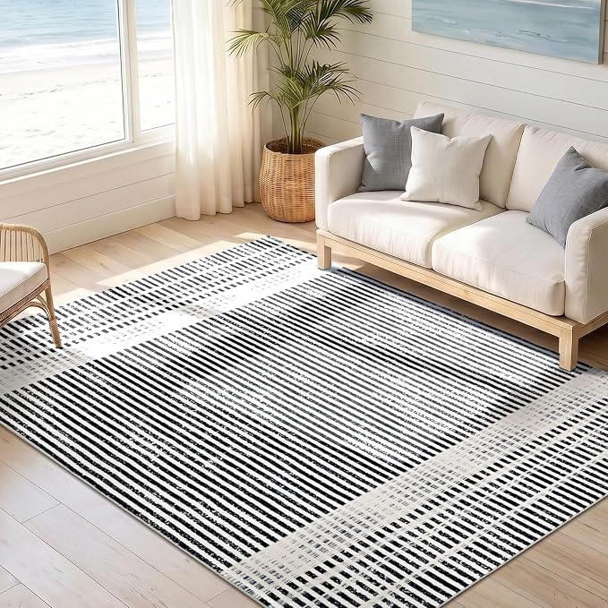 Washable 5x7 Modern Striped Area Rug, Abstract Living Room Rug | Black Beige, Soft Low Pile, Skin Friendly, Non-Slip for High Traffic, Bedroom Vintage Braided Paid Style Home Decor