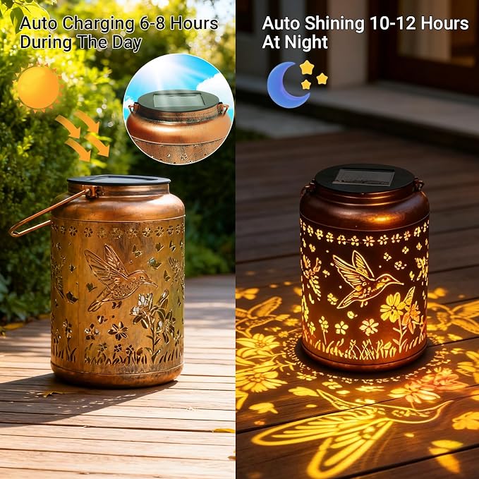 2 Pack Hummingbird Solar Lanterns Outdoor Waterproof, Birthday Gifts for Women Mom Grandma Seniors, Metal Hanging Lanterns Decorative Colorful LED Lights for Lawn, Yard, Patio, Backyard, Porch