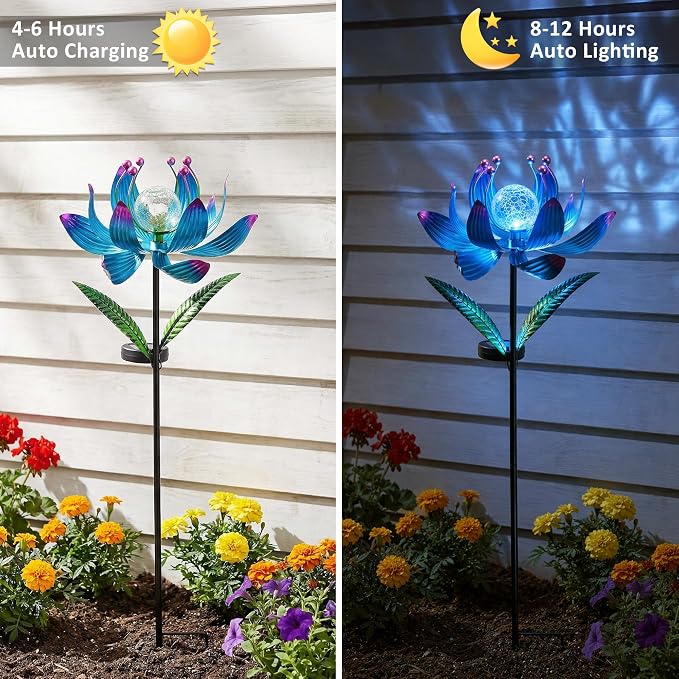 38 Inch Solar Wind Spinner Outdoor, Kinetic Lotus Yard Art with Glass Light | Glowing Crackle Glass Light And 360° Spinning Lotus Petals Create Vibrant Garden Decor For Patios, Lawns And Pathways