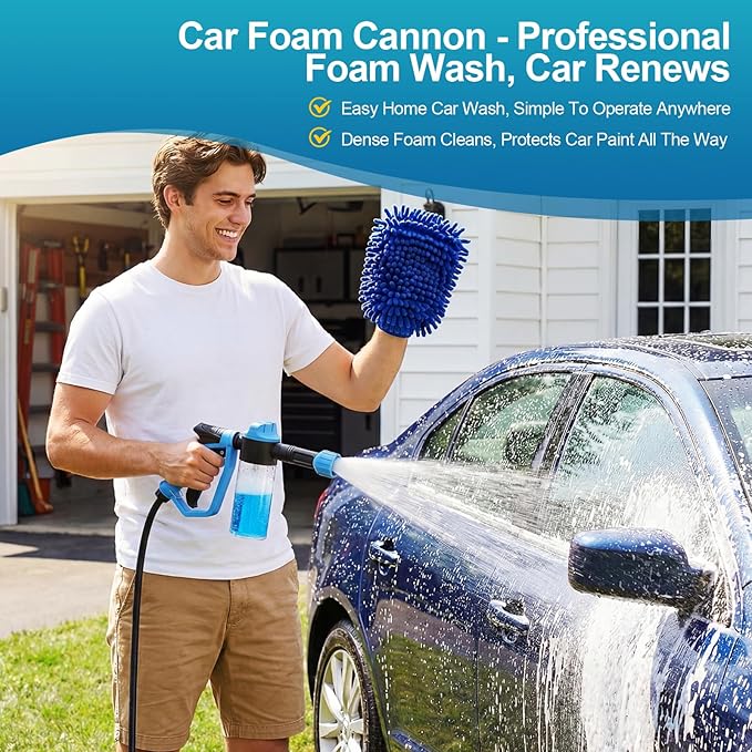 Car Wash Foam Gun for Garden Hose, Foam Cannon Kit with Microfiber Wash Mitt, Extra Nozzle, 3 Spray Modes & 50% Higher Water Pressure, Hose Foam Blaster for Cars, Trucks, RVs, Motorcycles