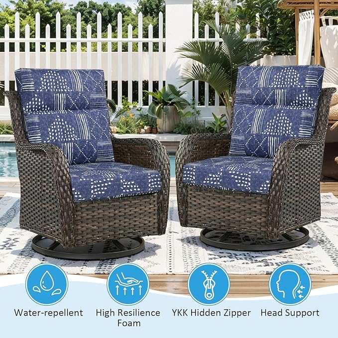 Outdoor Patio Chair Cushions 44x21x3.5 inch, Set of 2 Thicken Comfy Cushions for Rocker Non Slip Fade Shield Water Repellent High Back with Ties, Cobalt Grid