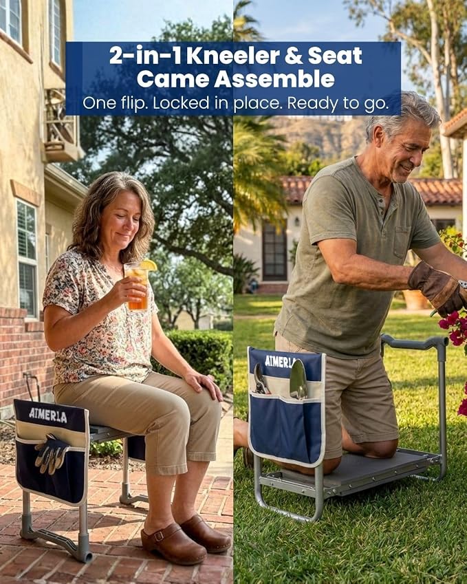 Aimerla Foldable Garden Kneeler Seat Heavy Duty [Upgraded Widened Thick Kneeling Pad] Garden Stool with Large Garden Tool Bags with Pockets - Portable Garden Bench Gardening Gifts for Parents