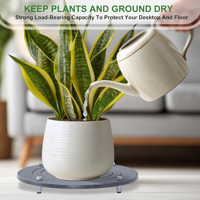 2Pcs 10 Inch Plant Saucers for Indoors, Instant Dry Diatomaceous Earth Plant Saucer, Plant Trays for Pots with Stainless Steel Feet, Plant Water Catcher Tray, Gray