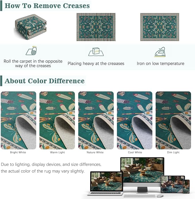 DCX 5x7 Washable Bug Rug for Living Room, Soft Low Pile Rug, Deep Teal | Easy to clean, non-shedding, soft, kid & pet friendly, with a non-slip rubber backing for bedrooms, and nature-themed decor