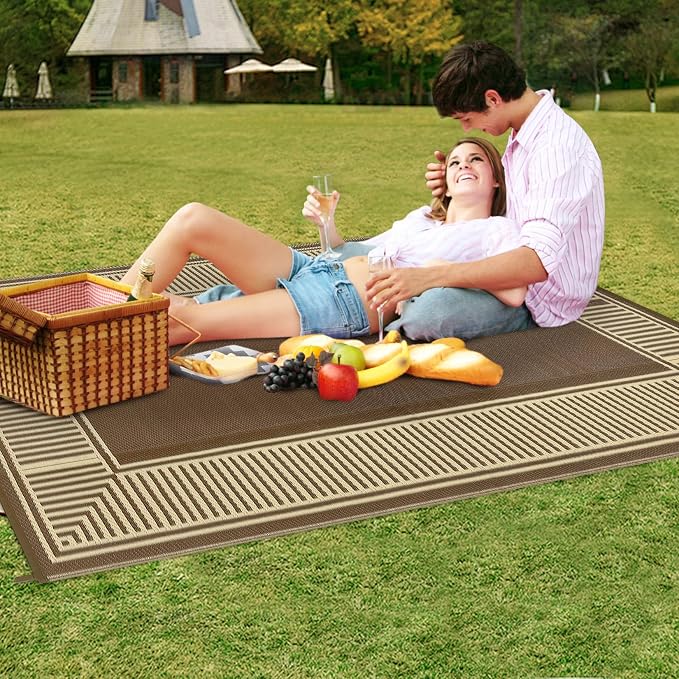 Garvee 9x12 Outdoor Rug for Patio Plastic Straw Rug Waterproof Reversible Mat Lightweight Foldable Carpet Easy Clean Large Rugs for Patio Porch Backyard Camping RV Beach Balcony Deck Border Brown