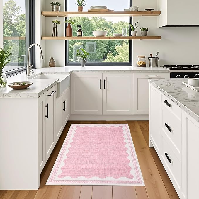 GarveeHome Scalloped 3x5 Washable Rug Non-Slip Low-Pile Indoor Rugs for Entryway Solid Pink Modern Minimalism Carpet for Bedroom Living Room Kitchen Bathroom Indoor Mat