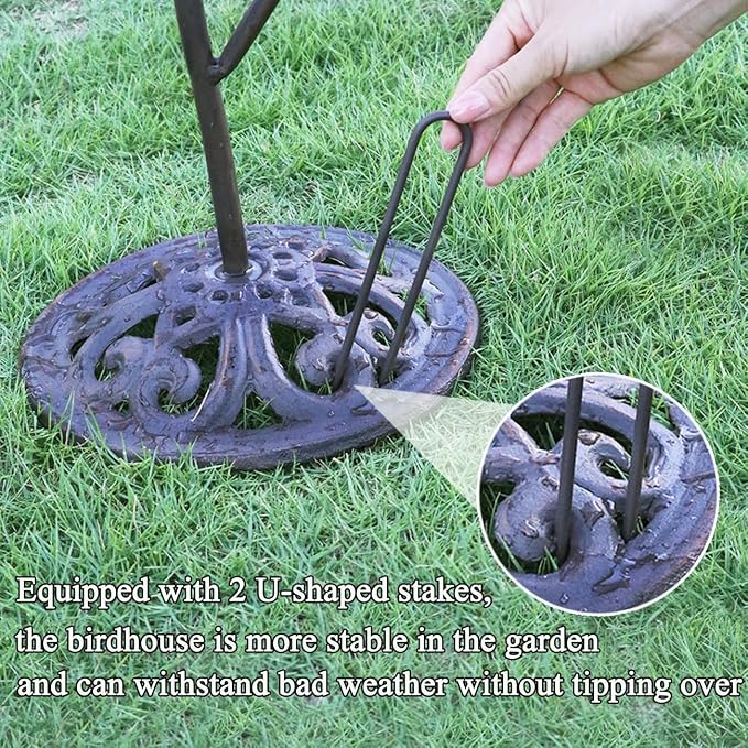 39" H Metal Birdhouse Outdoor, Birdhouse Pole – Integrates Bird Feeder and Bird Bath, 3-in-1 Multi-Functional for Yard Decorations Outdoor, Cast Iron Base