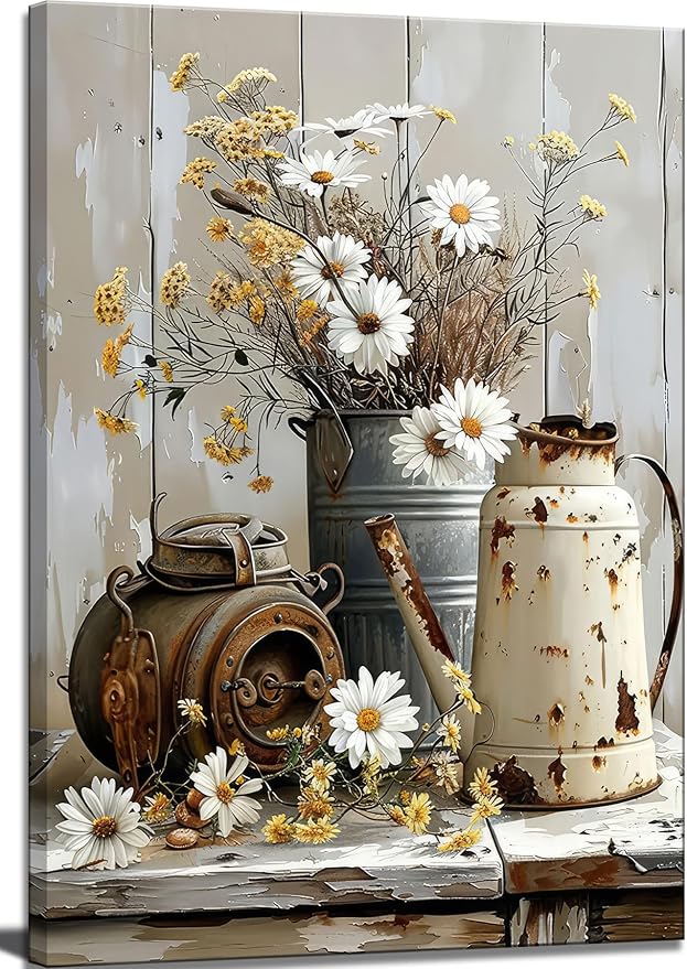Farmhouse Rustic Flower Bathroom Canvas Wall Art White Jasmine and Rust Color Watering Can Wall Decor Picture Vintage Daisy Floral Posters Print for Bathroom Toilet Washroom Lavatory Home Decoration